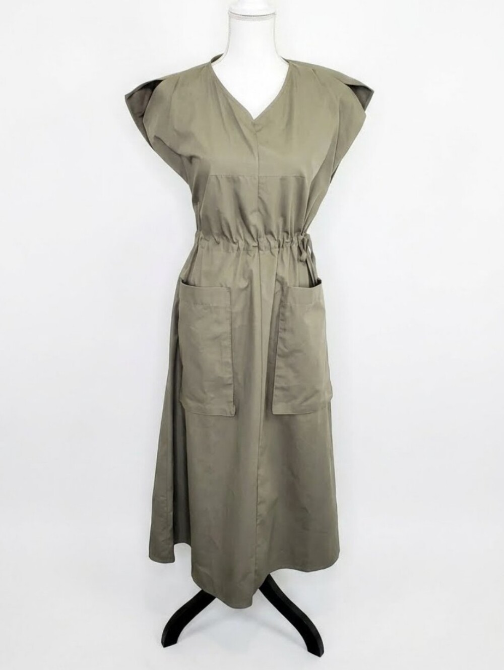 Chepe Italy Olive Green Midi Dress Minimalist Lagenlook Cotton Pockets Size M
